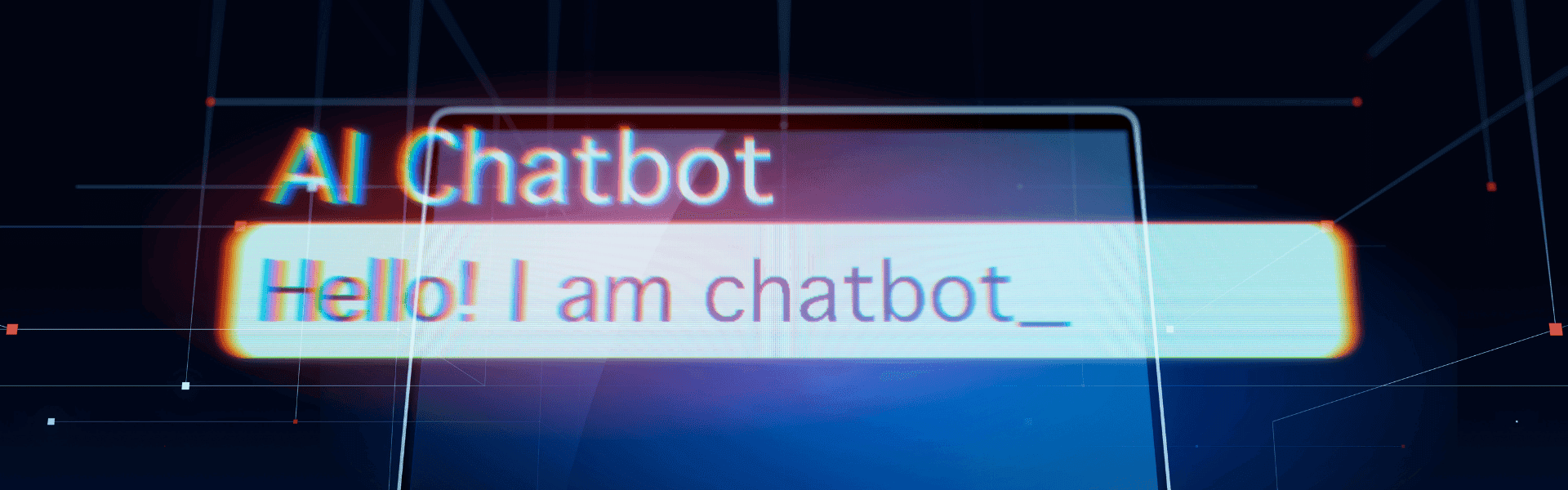Digitaler Bildschirm mit dem Text "AI Chatbot: Hello! I am chatbot" vor einem dunklen Hintergrund mit geometrischen Linien und Punkten.