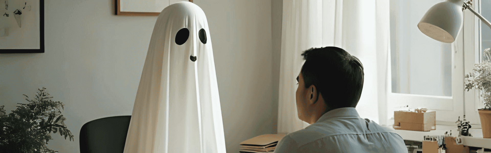 Gespenst unterhält sich mit Arbeitgeber im Bewerbungsgespräch