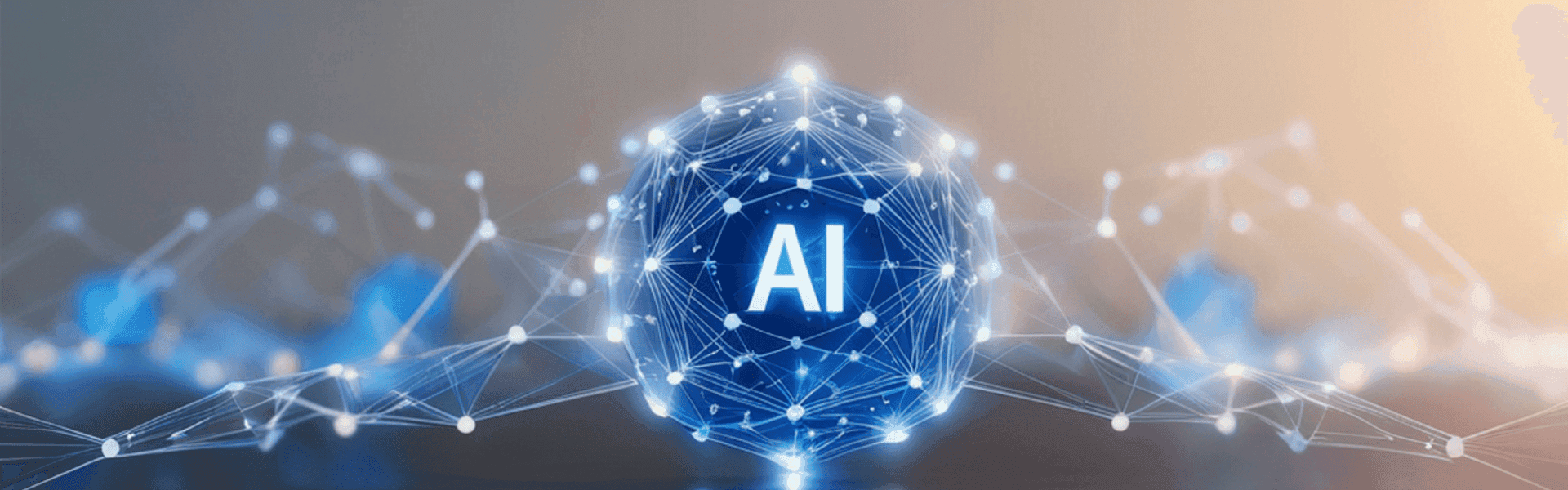 AI leuchtet als digitaler Ball in einer virtuellen Netzwerklandschaft